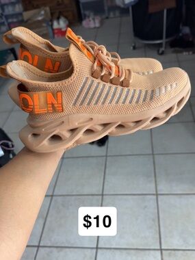 Neutral Tan Knit Athletic Sneakers with Orange Accents